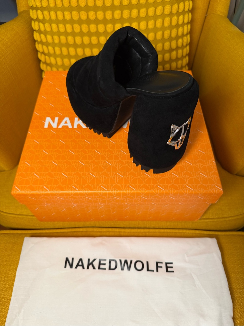 Naked Wolfe Black suede mules with original Orange Branded Shoe Box